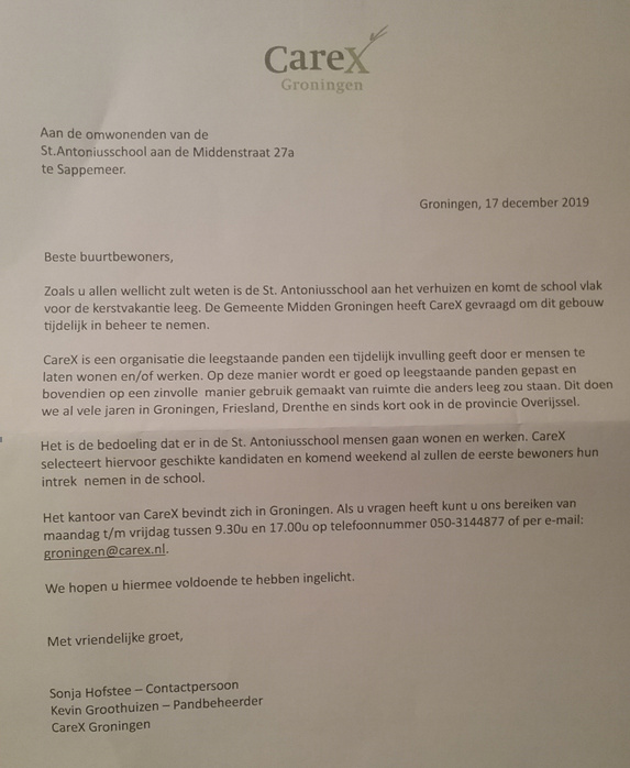 Brief Carex omternt Antoniusschool